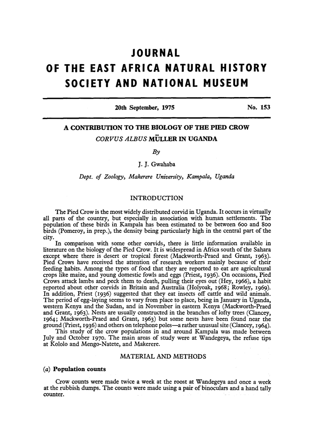 Journal of the East Africa Natural History Society and National Museum