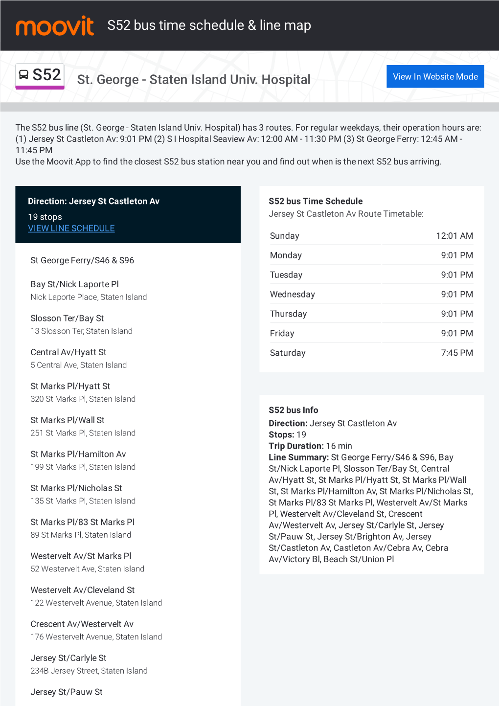 S52 Bus Time Schedule & Line Route