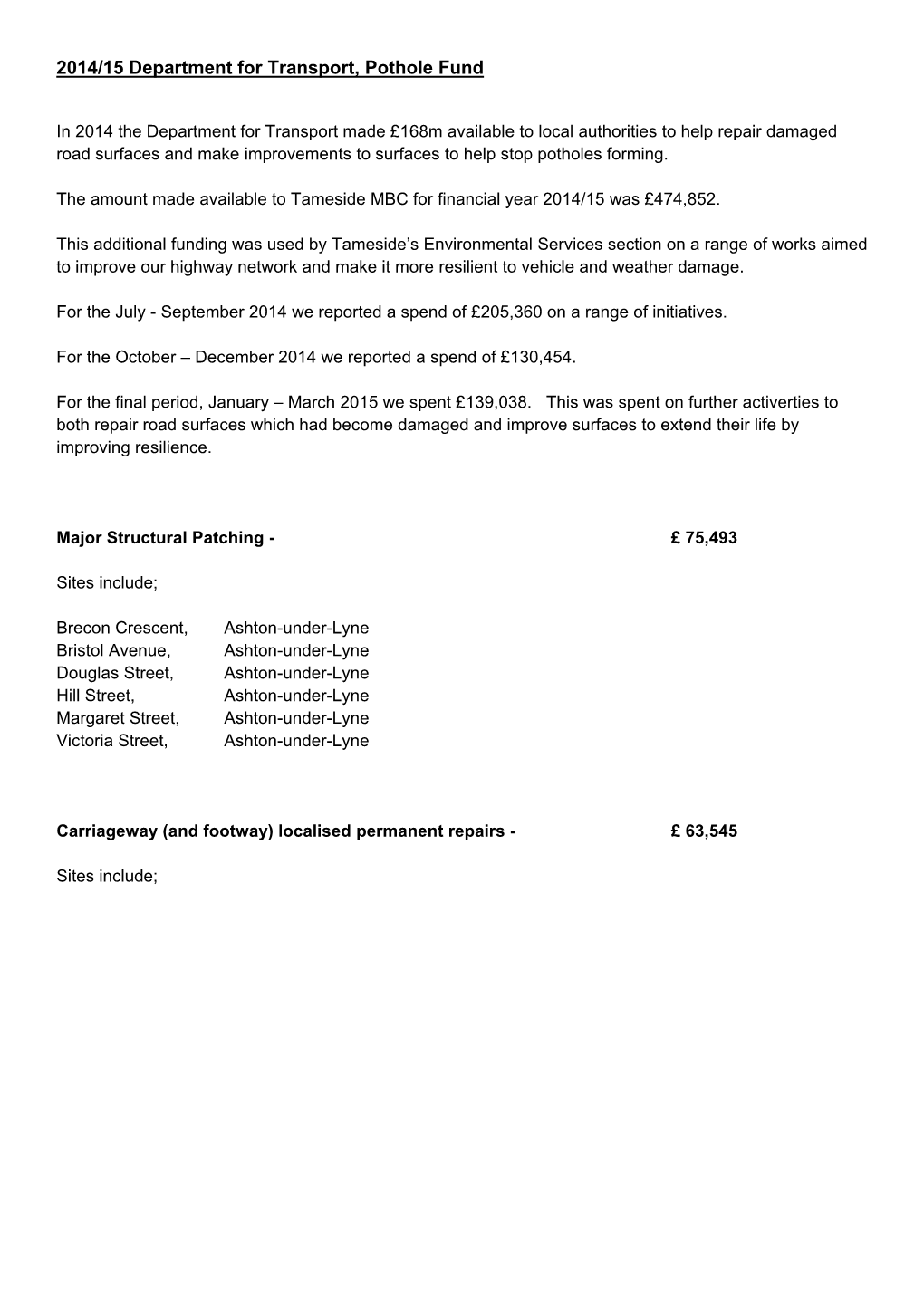 2014/15 Department for Transport, Pothole Fund