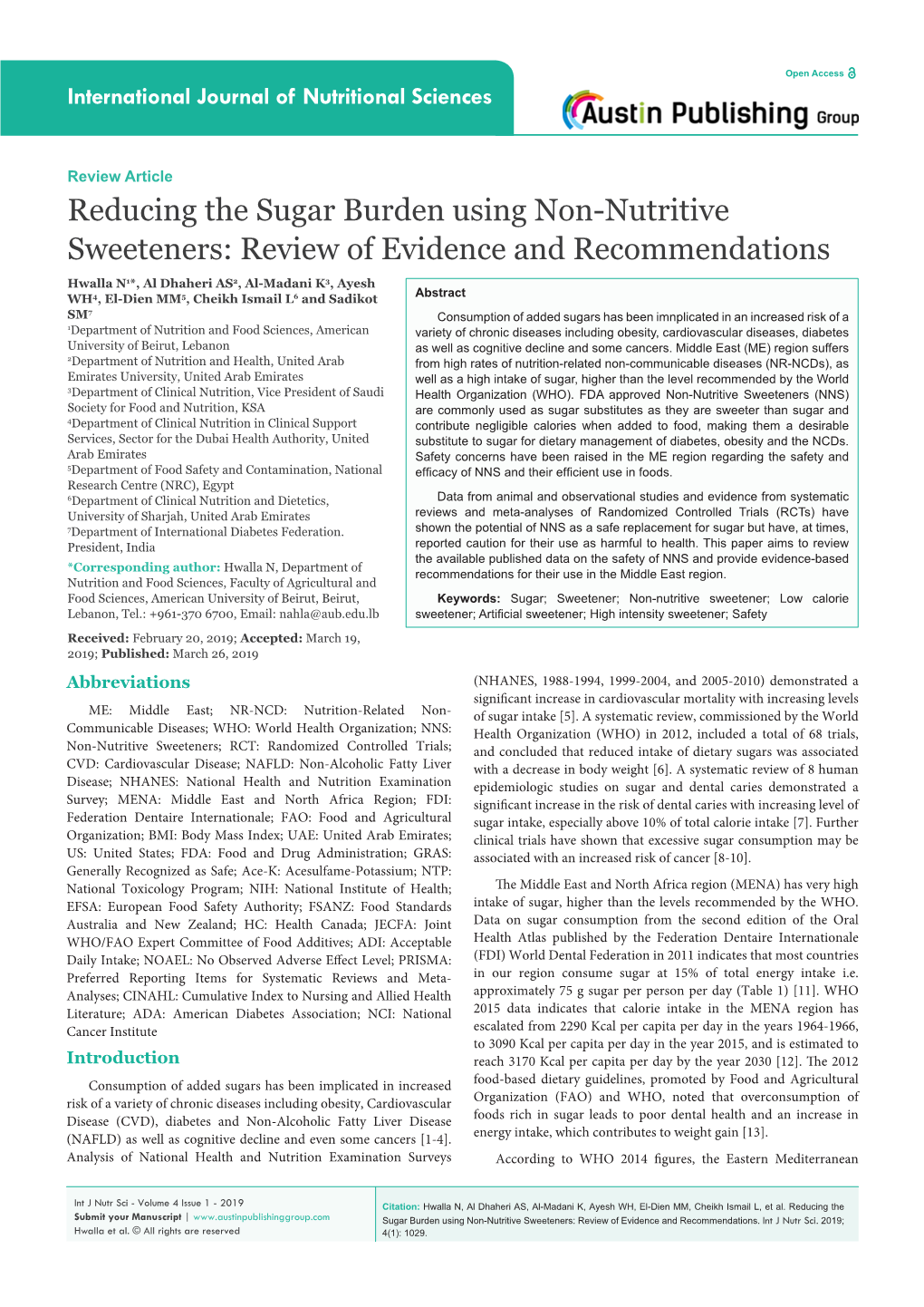 Reducing the Sugar Burden Using Non-Nutritive Sweeteners