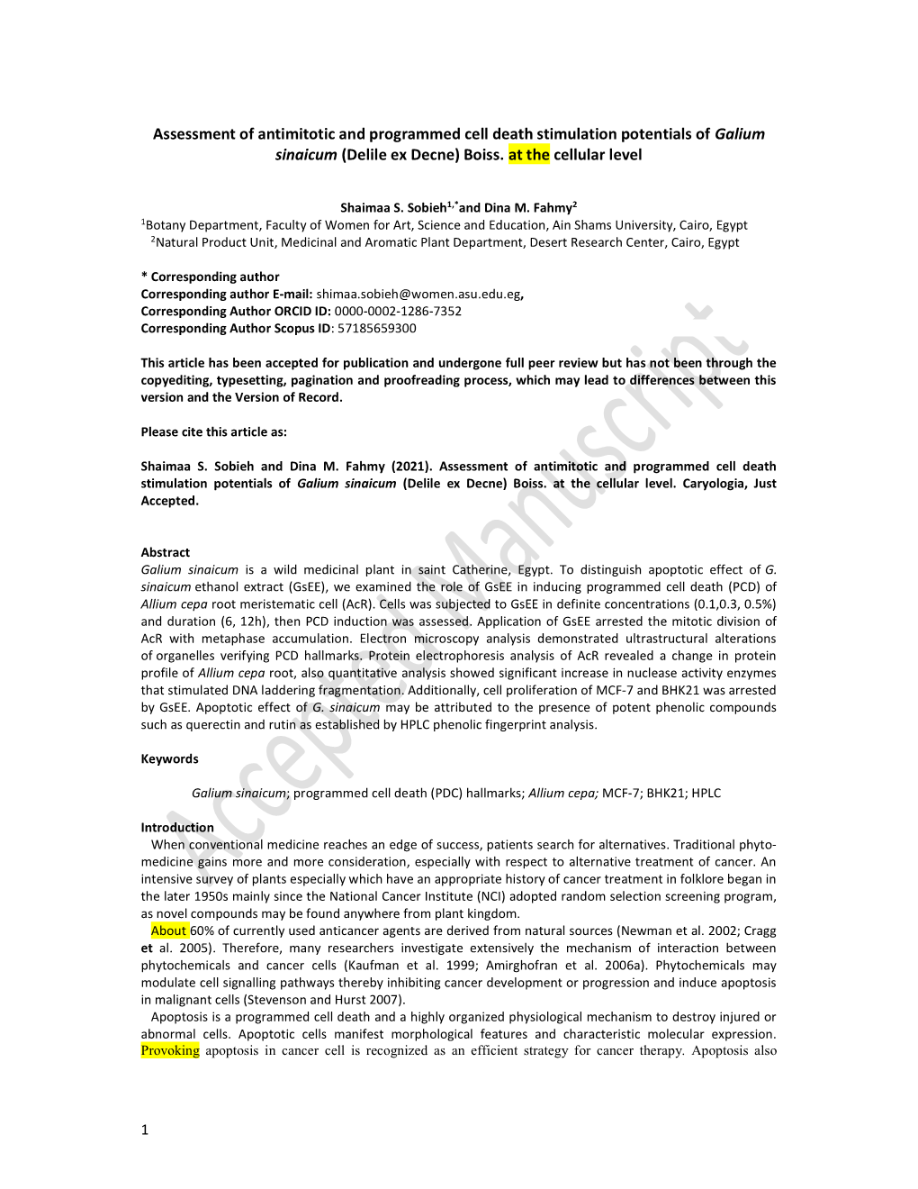 Assessment of Antimitotic and Programmed Cell Death Stimulation Potentials of Galium Sinaicum (Delile Ex Decne) Boiss