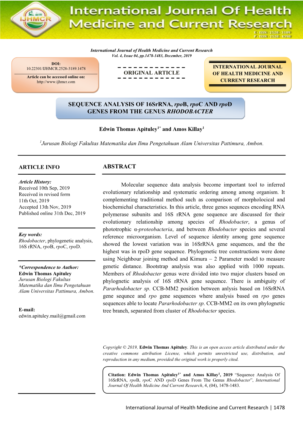 ABSTRACT SEQUENCE ANALYSIS of 16Srrna, Rpob, Rpoc and Rpod