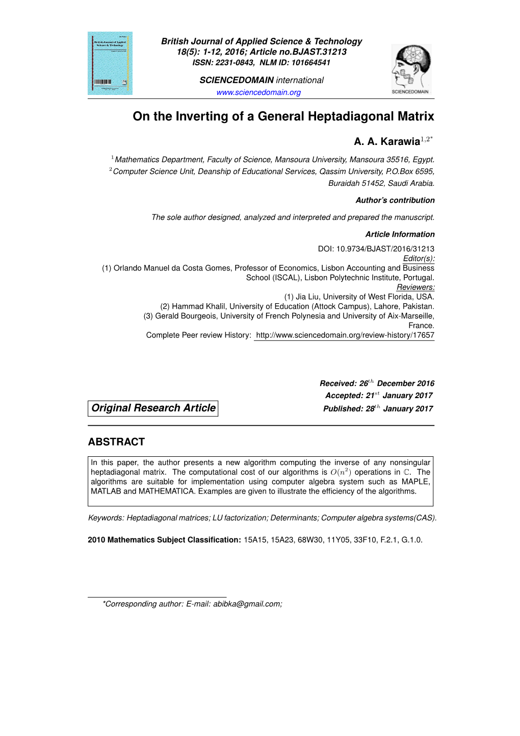 On the Inverting of a General Heptadiagonal Matrix