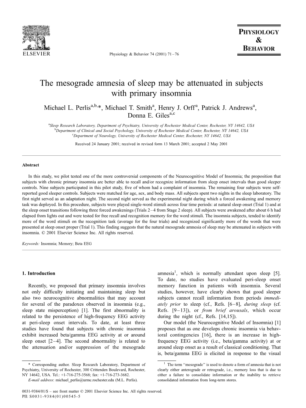 The Mesograde Amnesia of Sleep May Be Attenuated in Subjects with Primary Insomnia