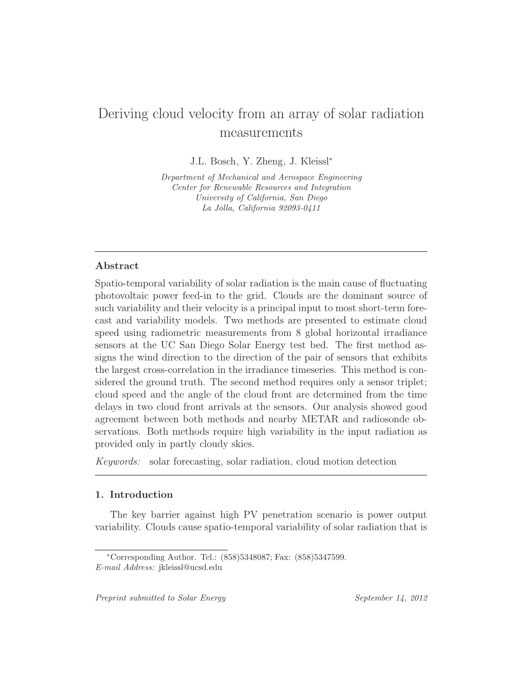 Deriving Cloud Velocity from an Array of Solar Radiation Measurements