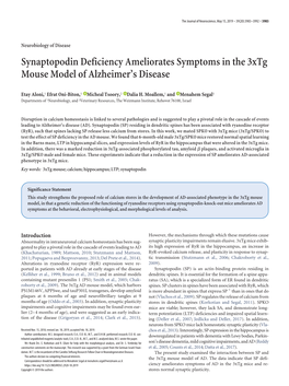 Synaptopodin Deficiency Ameliorates Symptoms in the 3Xtg Mouse Model of Alzheimer’S Disease
