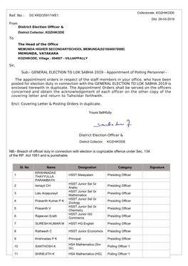 GENERAL ELECTION to LOK SABHA 2019 - Appointment of Polling Personnel