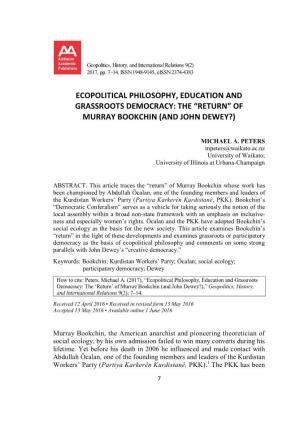 Ecopolitical Philosophy, Education and Grassroots Democracy: the “Return” of Murray Bookchin (And John Dewey?)