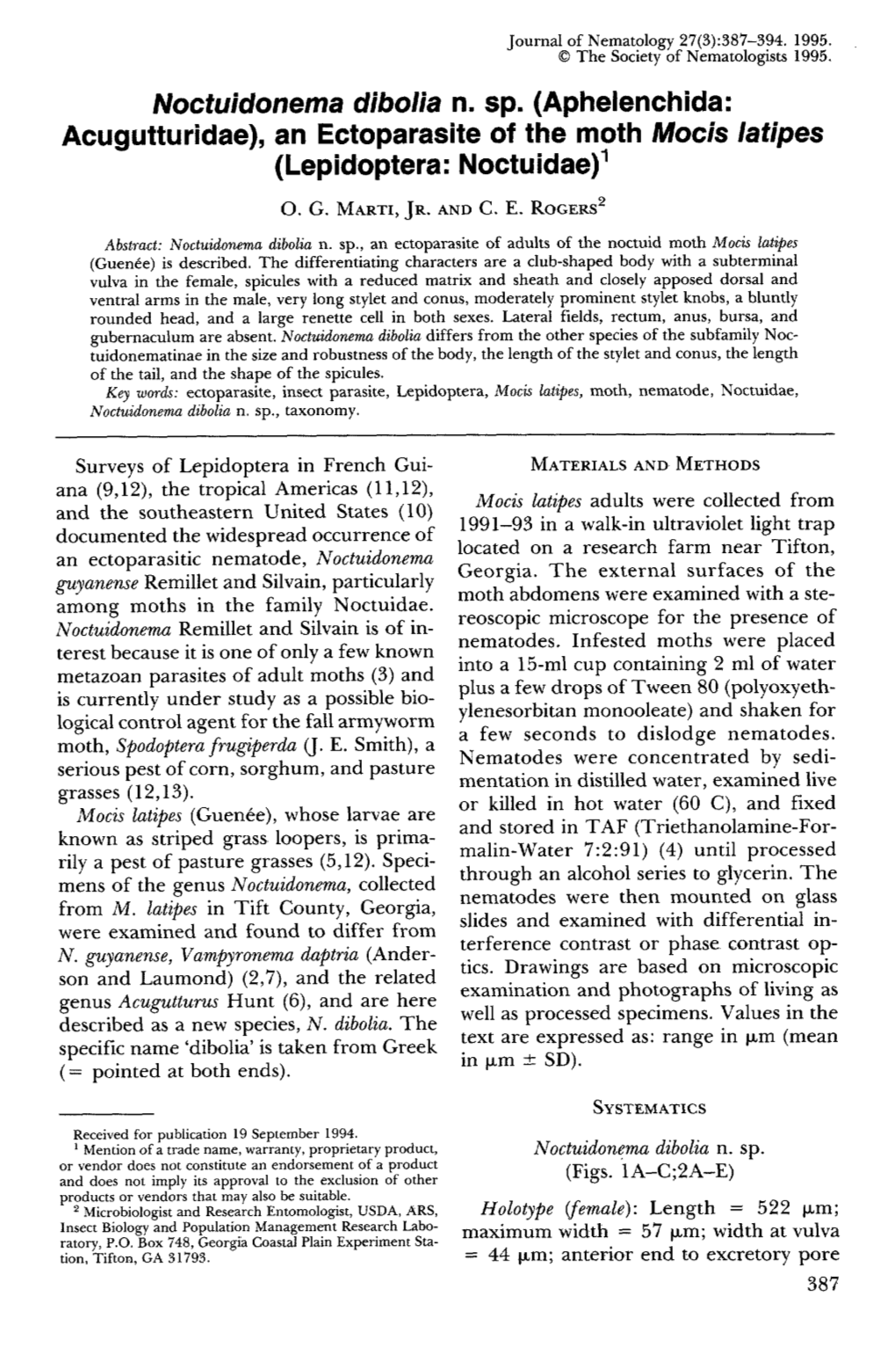 Noctuidonema Dibolia N. Sp. (Aphelenchida: Acugutturidae), an Ectoparasite of the Moth Mocis Latipes (Lepidoptera: Noctuidae) 1