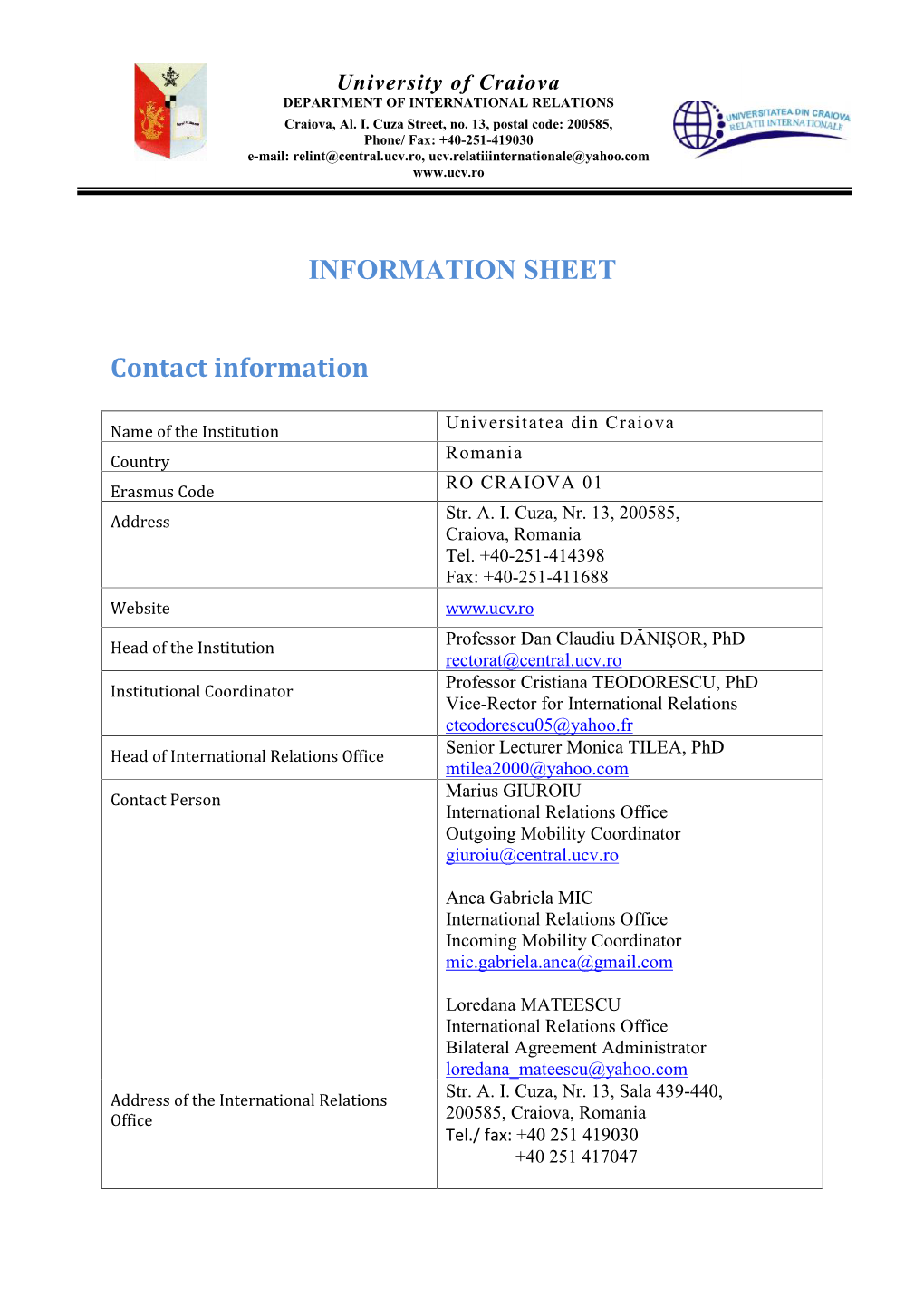 INFORMATION SHEET Contact Information