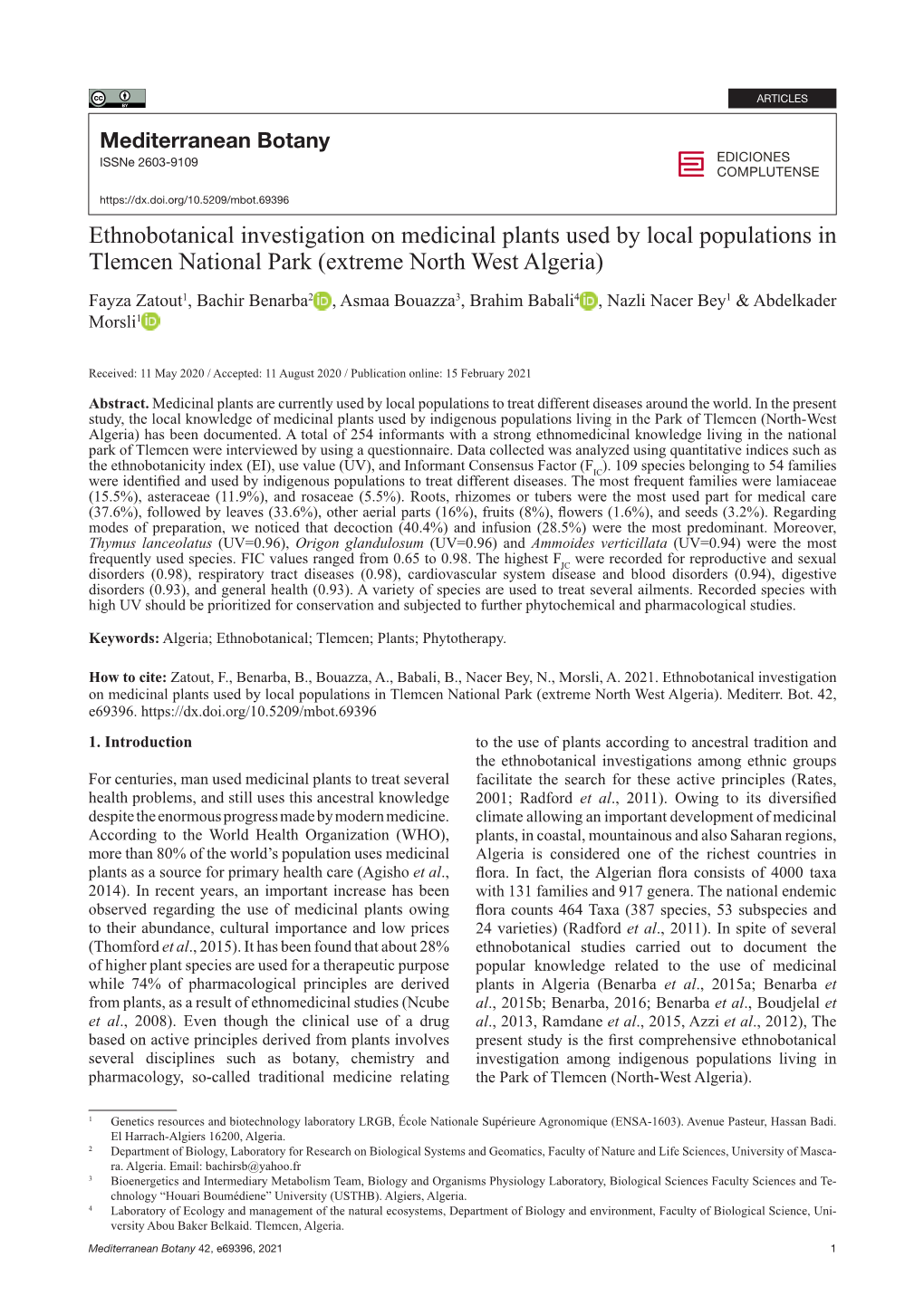 Ethnobotanical Investigation on Medicinal Plants Used by Local