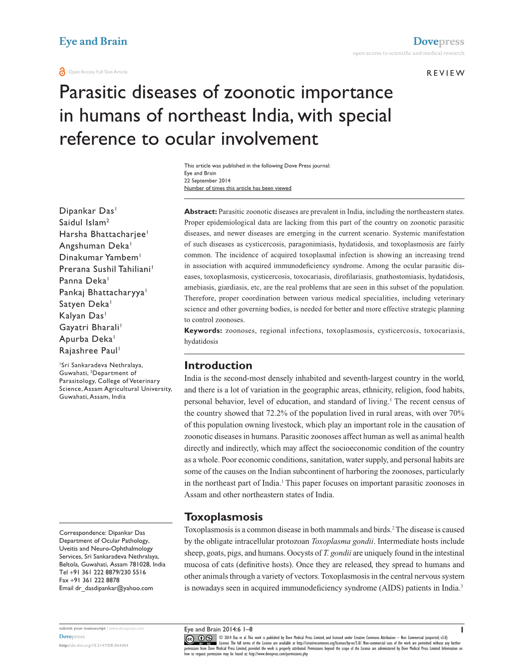 Parasitic Diseases of Zoonotic Importance in Humans of Northeast India, with Special Reference to Ocular Involvement