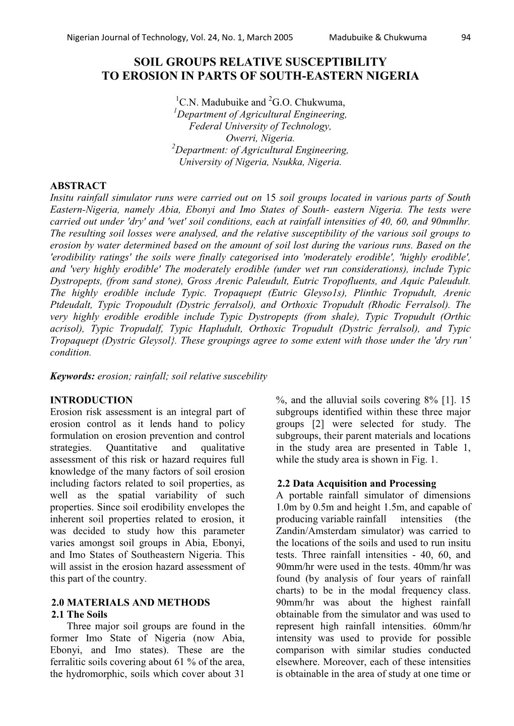 Soil Groups Relative Susceptibility to Erosion in Parts of South-Eastern Nigeria