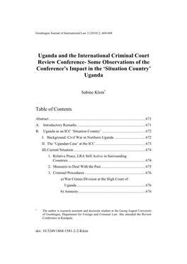 Uganda and the International Criminal Court Review Conference- Some Observations of the Conference’S Impact in the ‘Situation Country’ Uganda