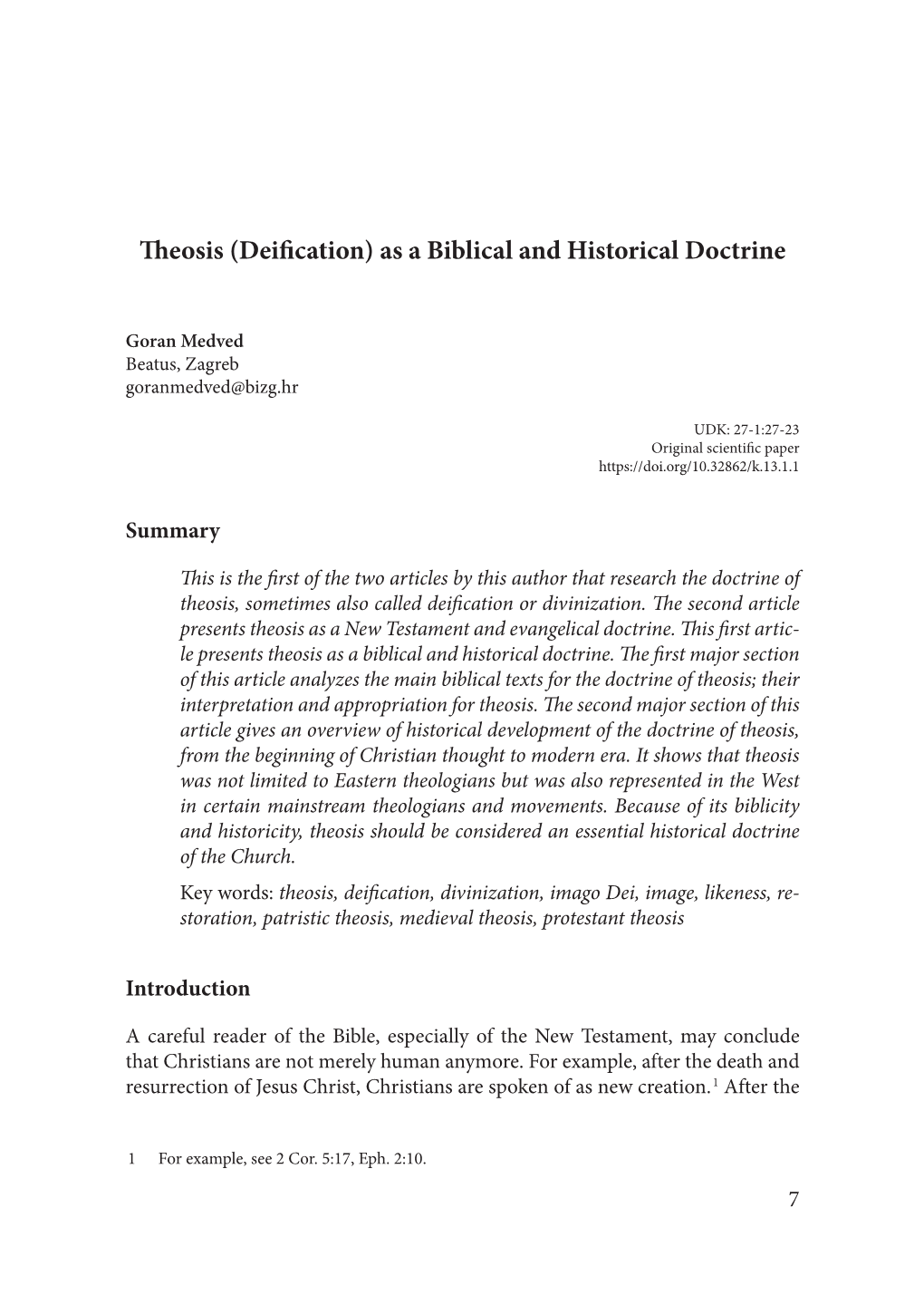 Theosis (Deification) As a Biblical and Historical Doctrine