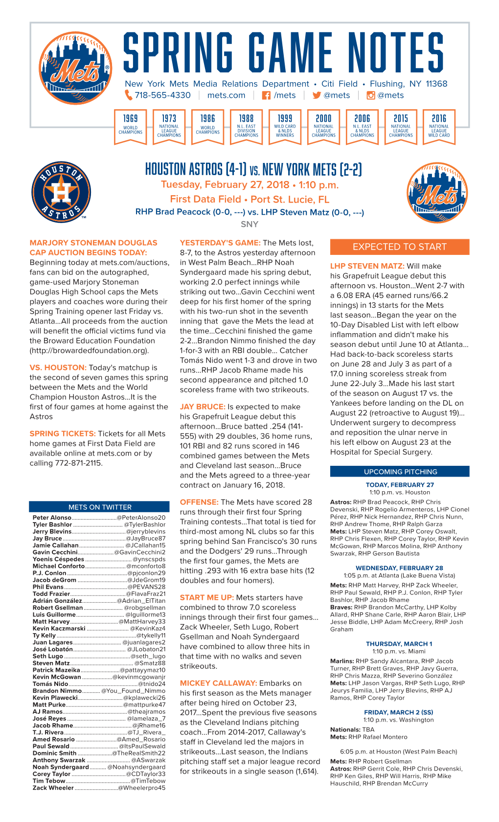 SPRING GAME NOTES New York Mets Media Relations Department • Citi Field • Flushing, NY 11368 718-565-4330 | Mets.Com | /Mets | @Mets | @Mets