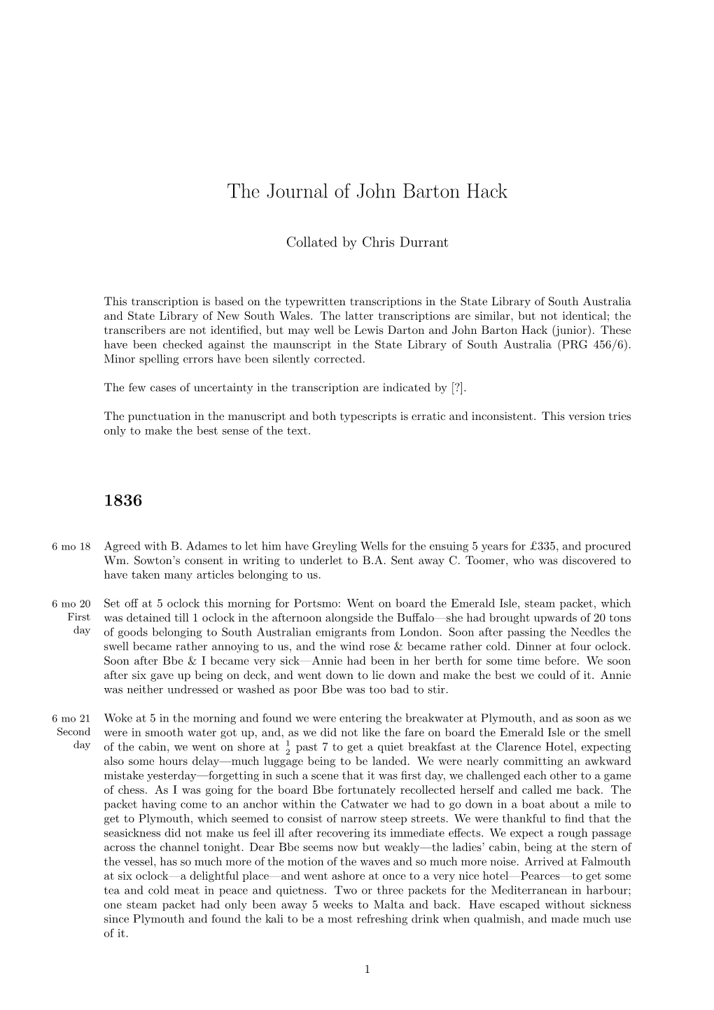 The Journal of John Barton Hack