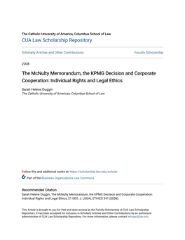 The Mcnulty Memorandum, the KPMG Decision and Corporate Cooperation: Individual Rights and Legal Ethics