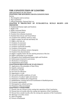 THE CONSTITUTION of LESOTHO ARRANGEMENT of SECTIONS CHAPTER I the KINGDOM and ITS CONSTITUTION Section 1