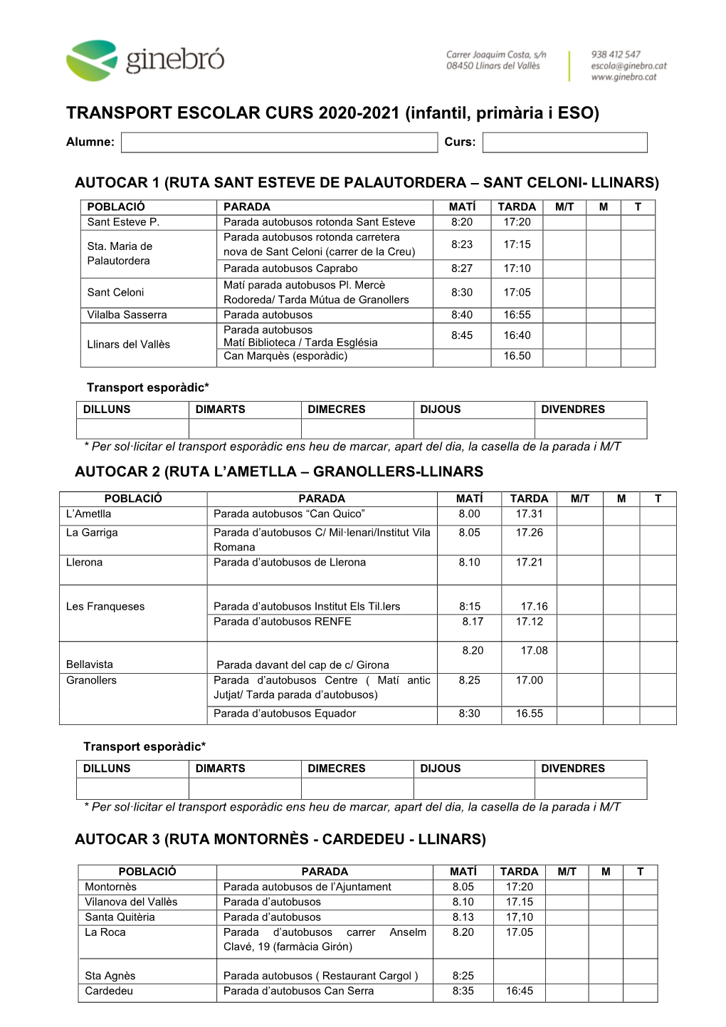 TRANSPORT ESCOLAR CURS 2020-2021 (Infantil, Primària I ESO)