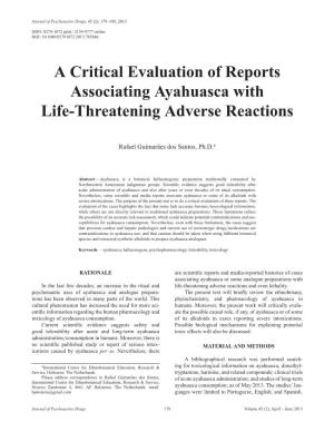 A Critical Evaluation of Reports Associating Ayahuasca with Life-Threatening Adverse Reactions