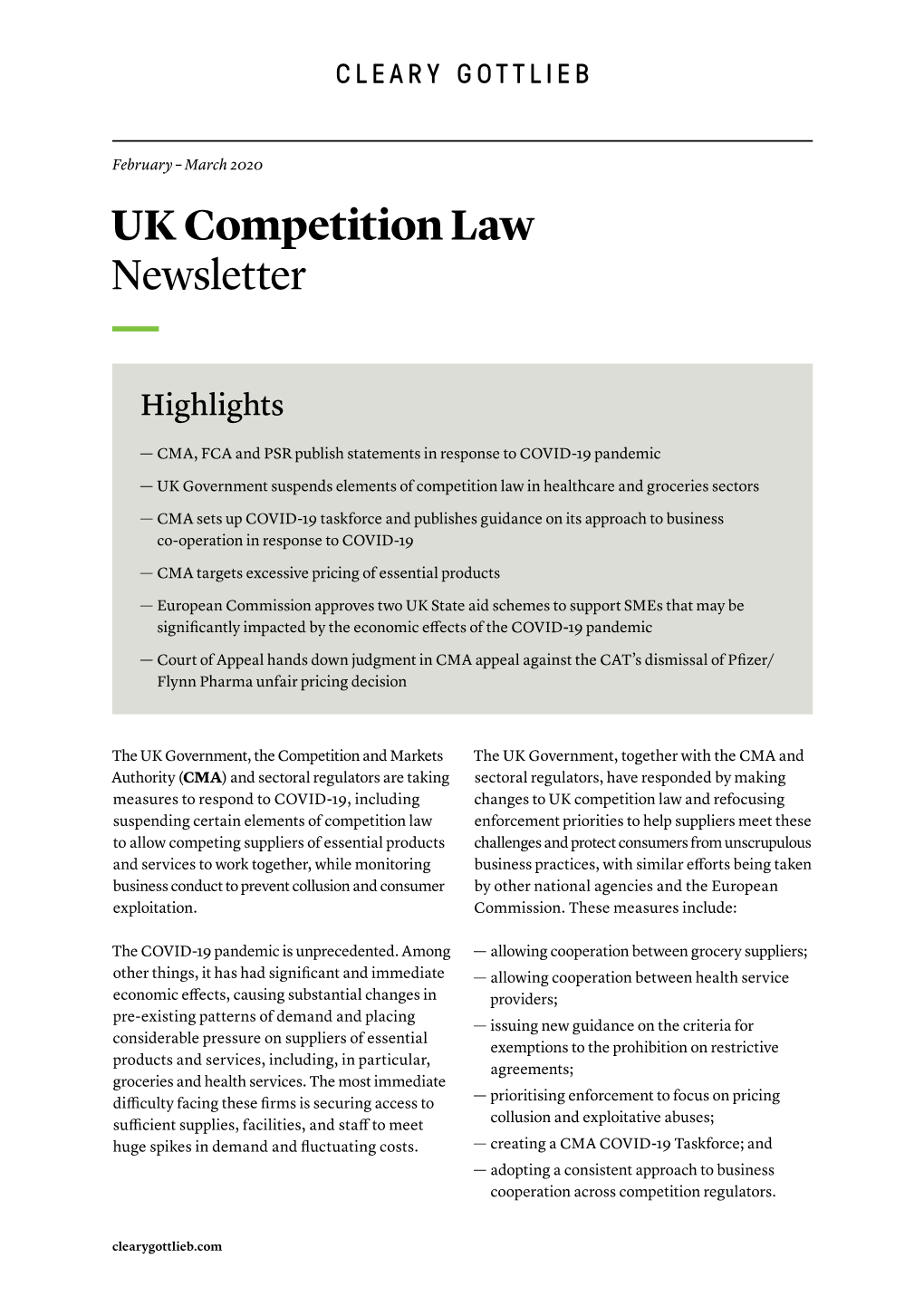 UK Competition Law Newsletter — Highlights