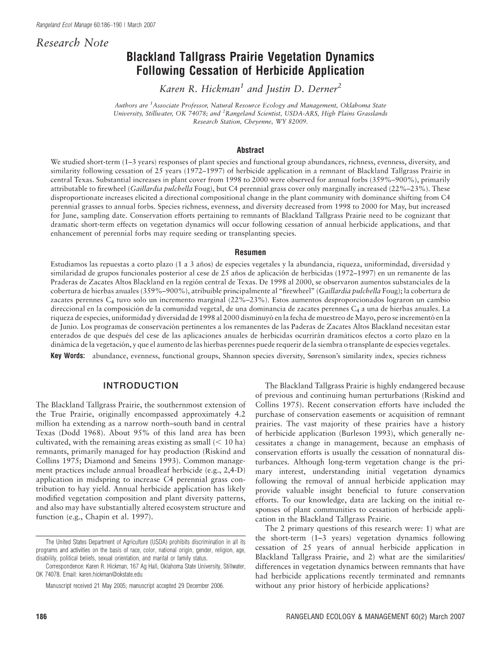 Blackland Tallgrass Prairie Vegetation Dynamics Following Cessation of Herbicide Application Karen R