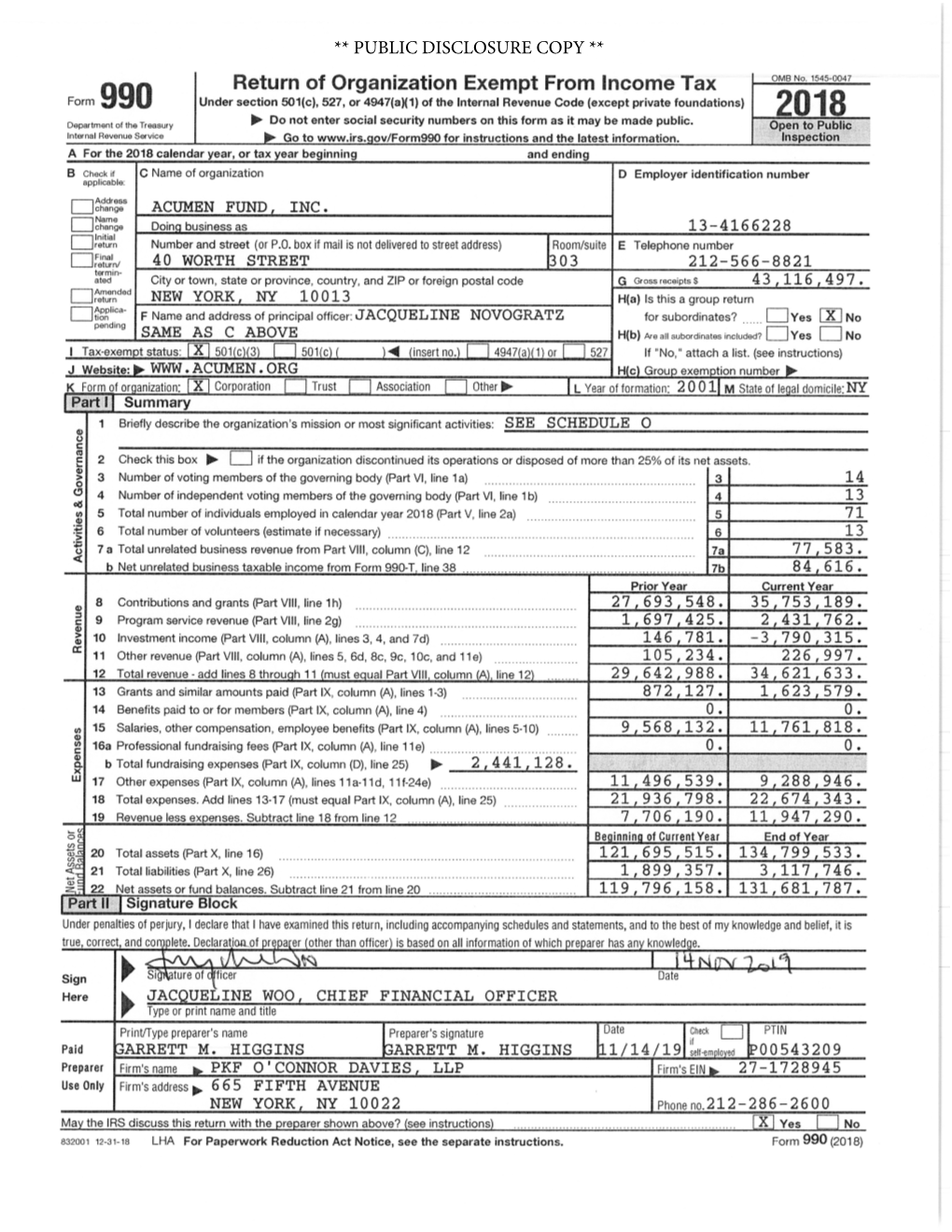 PUBLIC DISCLOSURE COPY ** Form 990 (2018) ACUMEN FUND, INC