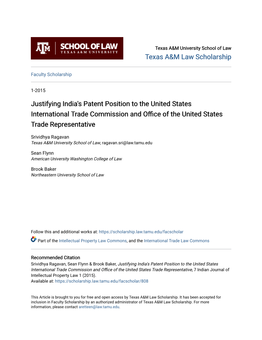Justifying India's Patent Position to the United States International Trade Commission and Office of the United States Trade Representative