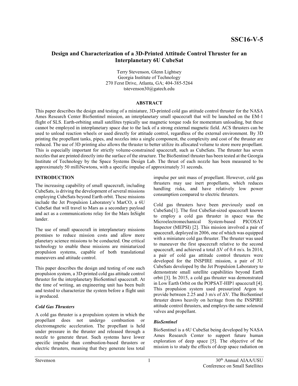 Design and Characterization of a 3D-Printed Attitude Control Thruster for an Interplanetary 6U Cubesat