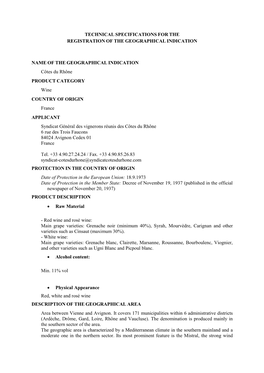 Technical Specifications for the Registration of the Geographical Indication