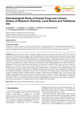 Ethnobiological Study of Svaneti Fungi and Lichens: History of Research, Diversity, Local Names and Traditional Use