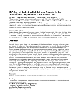 Intrinsic Disorder in the Subcellular Compartments of the Human Cell Bi Zhao1, Akila Katuwawala1, Vladimir N