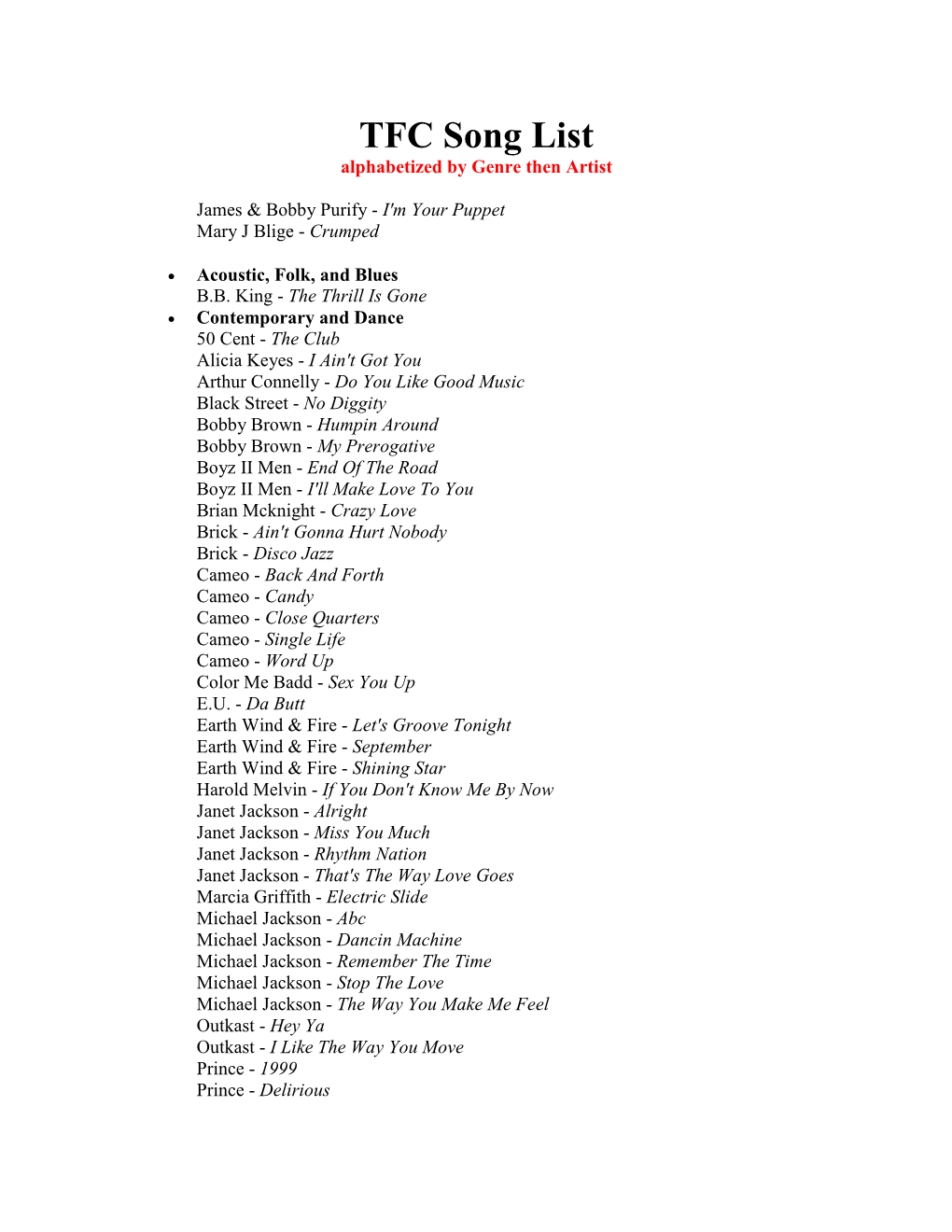 TFC Song List Alphabetized by Genre Then Artist