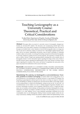 Teaching Lexicography As a University Course: Theoretical, Practical and Critical Considerations
