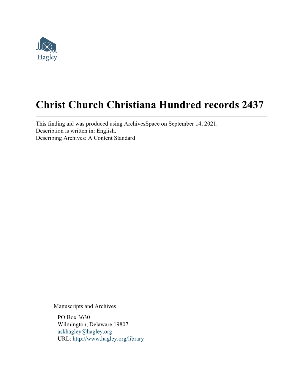 Christ Church Christiana Hundred Records 2437