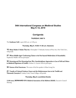 54Th International Congress on Medieval Studies May 9–12, 2019