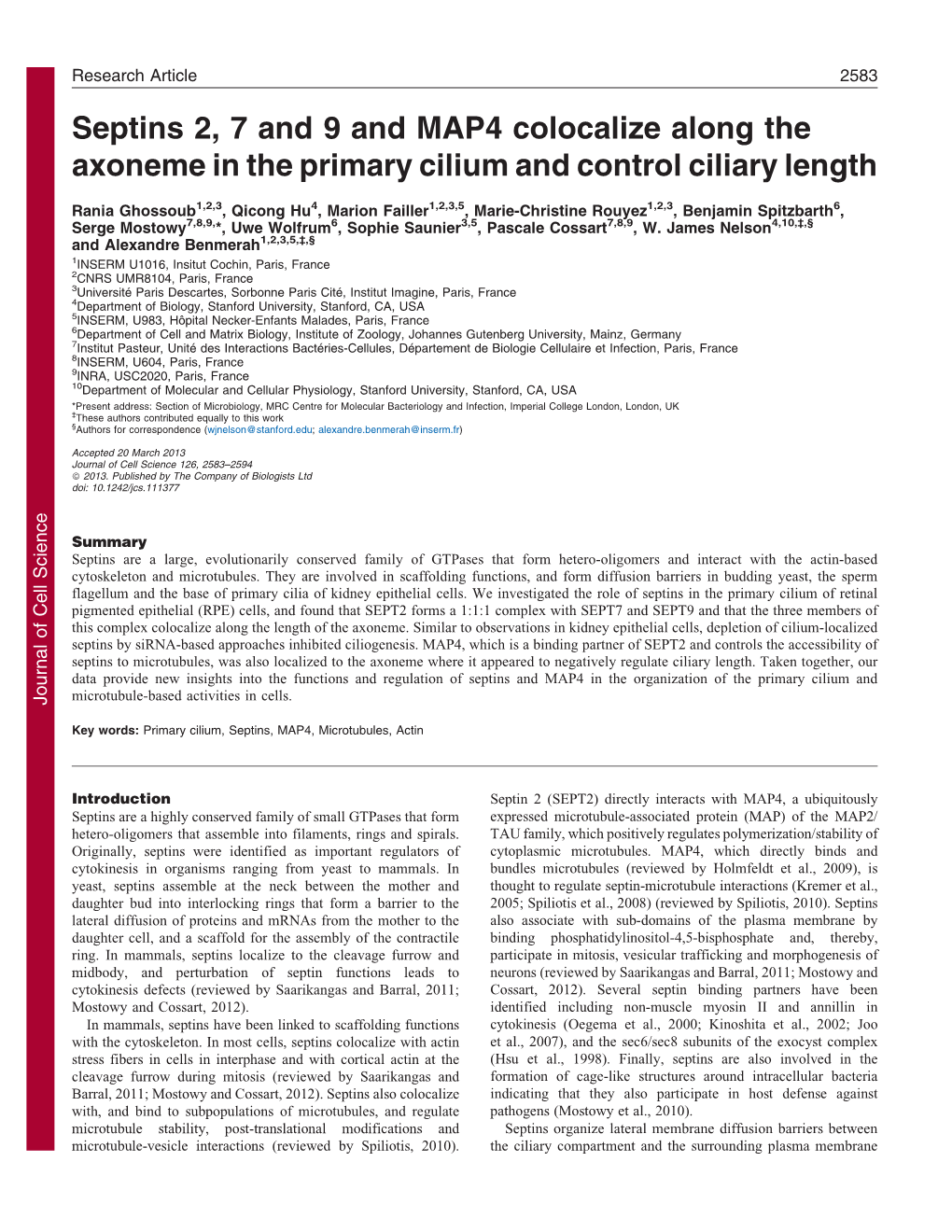 Septins 2, 7 and 9 and MAP4 Colocalize Along the Axoneme in the Primary Cilium and Control Ciliary Length