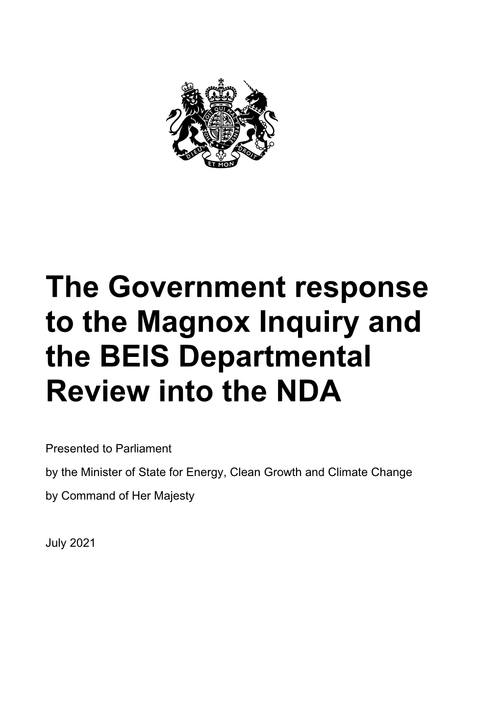 The Government Response to the Magnox Inquiry and the BEIS Departmental Review Into the NDA