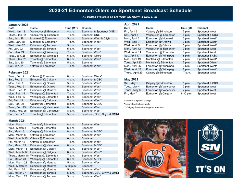 202021 Edmonton Oilers on Broadcast Schedule All Games