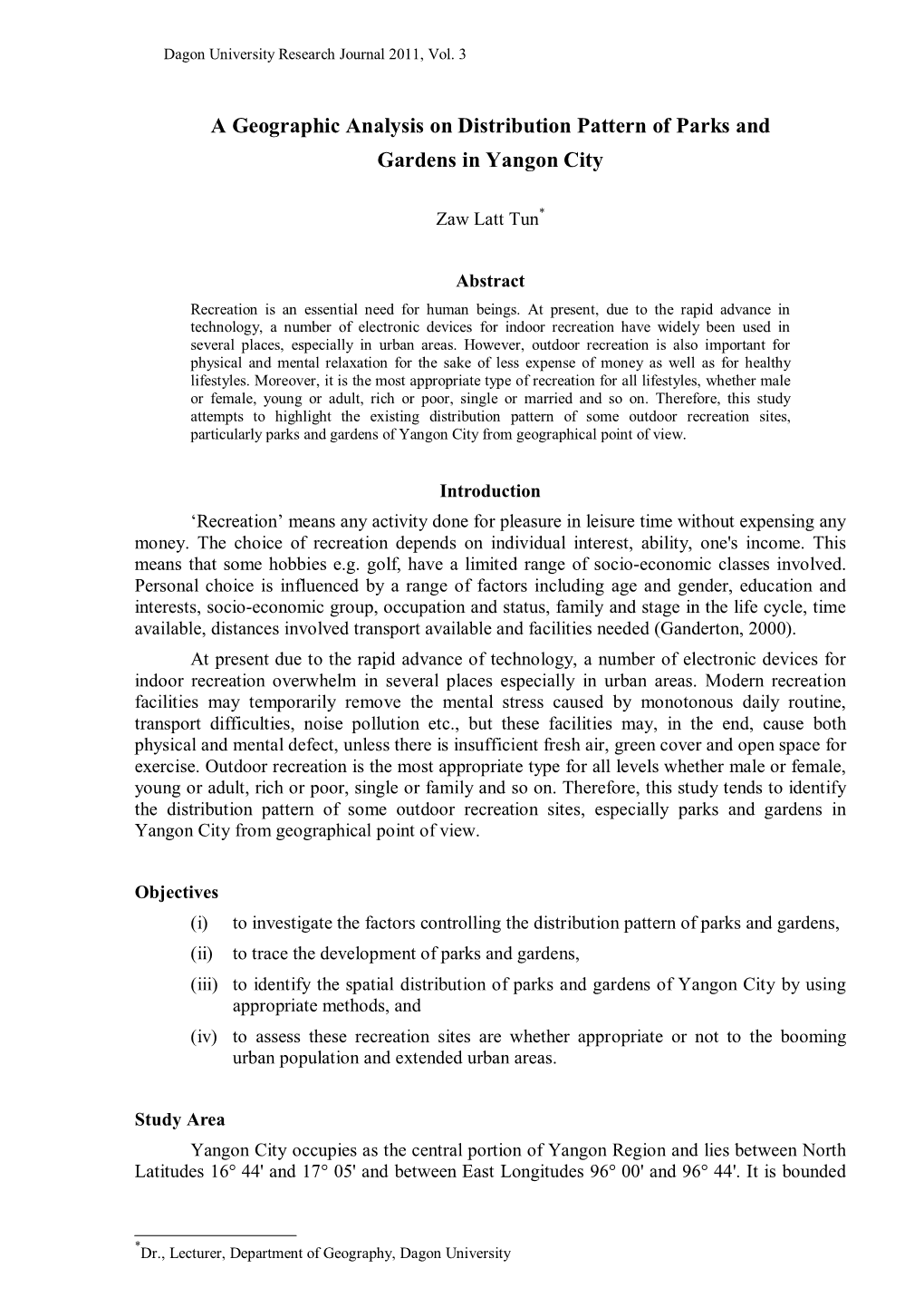 A Geographic Analysis on Distribution Pattern of Parks and Gardens in Yangon City