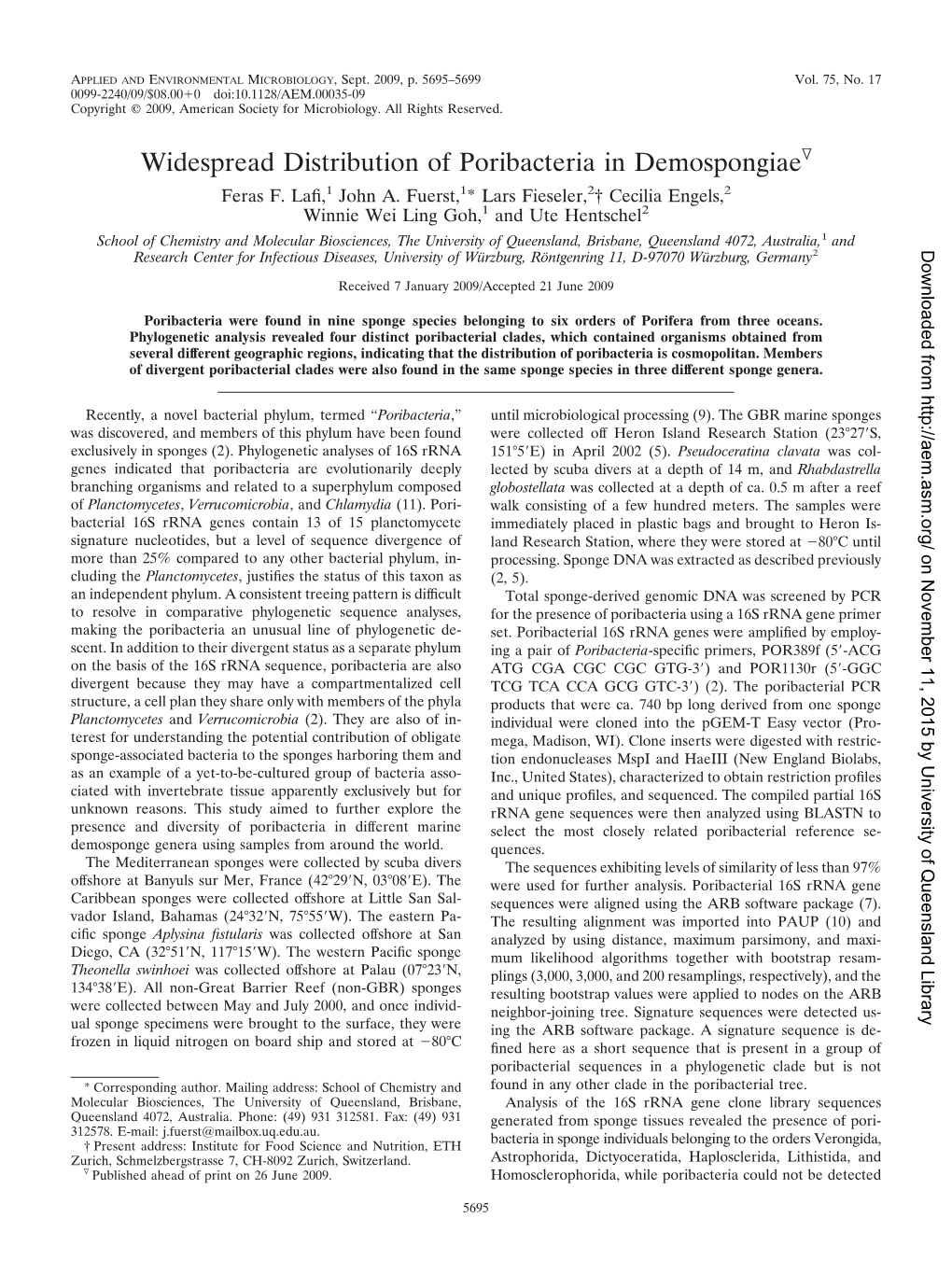 Widespread Distribution of Poribacteria in Demospongiaeᰔ Feras F