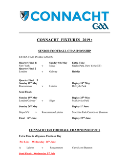 Connacht Fixtures 2019