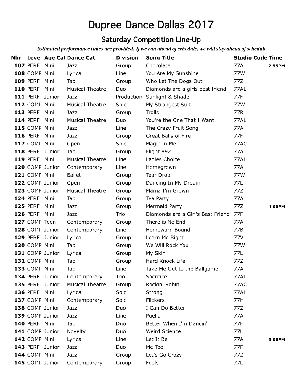 2017 Final Dallas Saturday Competition Line Up