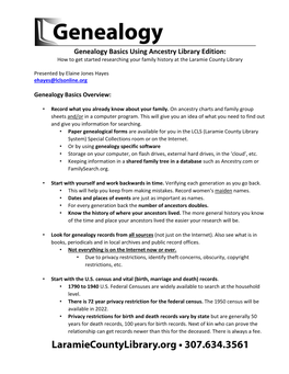 Genealogy Basics Using Ancestry Library Edition: How to Get Started Researching Your Family History at the Laramie County Library