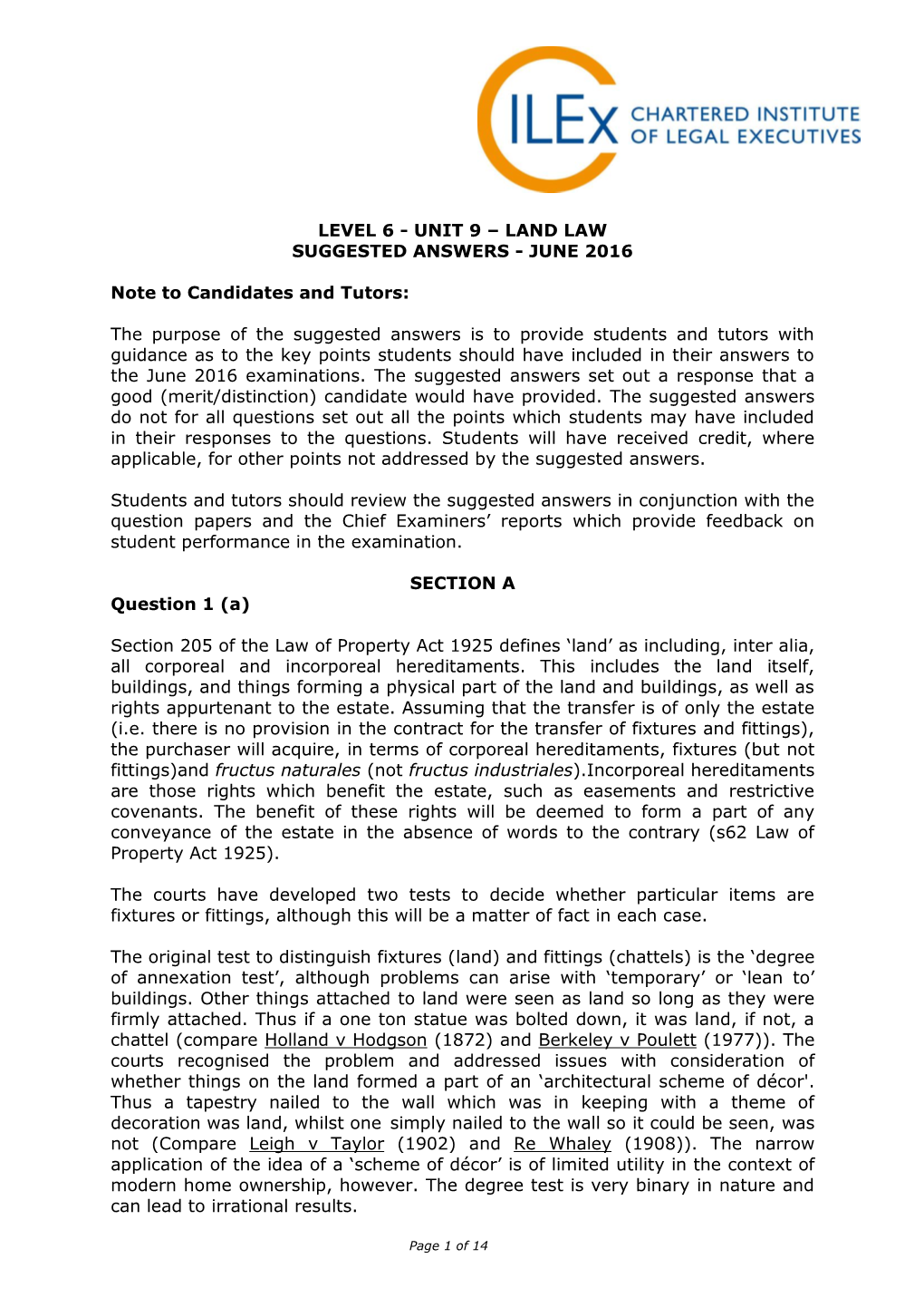 Unit 9 – Land Law Suggested Answers - June 2016