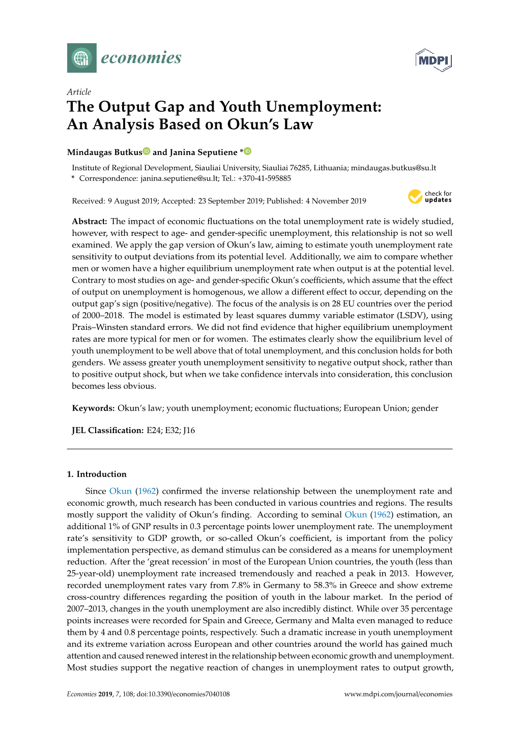 The Output Gap and Youth Unemployment: an Analysis Based on Okun’S Law