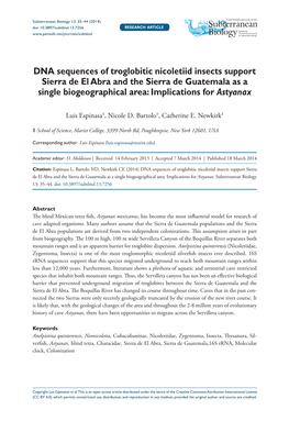 DNA Sequences of Troglobitic Nicoletiid Insects Support Sierra De El Abra and the Sierra De Guatemala As a Single Biogeographical Area: Implications for Astyanax