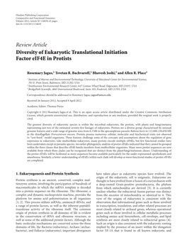 Review Article Diversity of Eukaryotic Translational Initiation Factor Eif4e in Protists