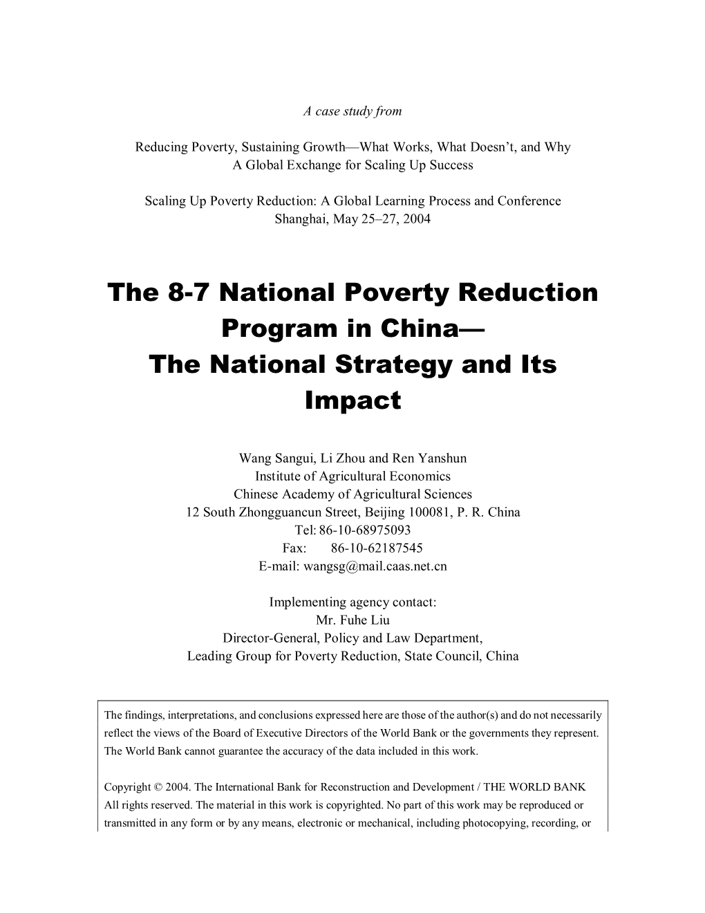 The 8-7 National Poverty Reduction Program in China— the National Strategy and Its Impact